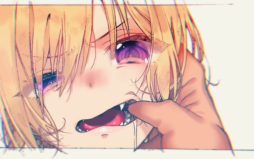 bad_id bad_twitter_id blonde_hair blush commentary_request eyes_visible_through_hair fangs female finger_in_another's_mouth half-closed_eyes idolmaster idolmaster_shiny_colors looking_at_viewer mouth_focus mozu_1oo nose_blush open_mouth out_of_frame portrait pov pov_hands purple_eyes saijo_juri saliva solo_focus thumb_to_mouth tongue