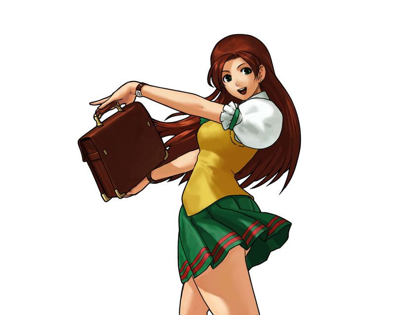 bag earrings female green_eyes jewelry kisarah_westfield long_hair neo_geo_battle_coliseum official_art ogura_eisuke pleated_skirt puffy_short_sleeves puffy_sleeves red_hair school_bag school_uniform short_sleeves skirt smile snk solo tsuukai_gangan_koushinkyoku watch wristwatch