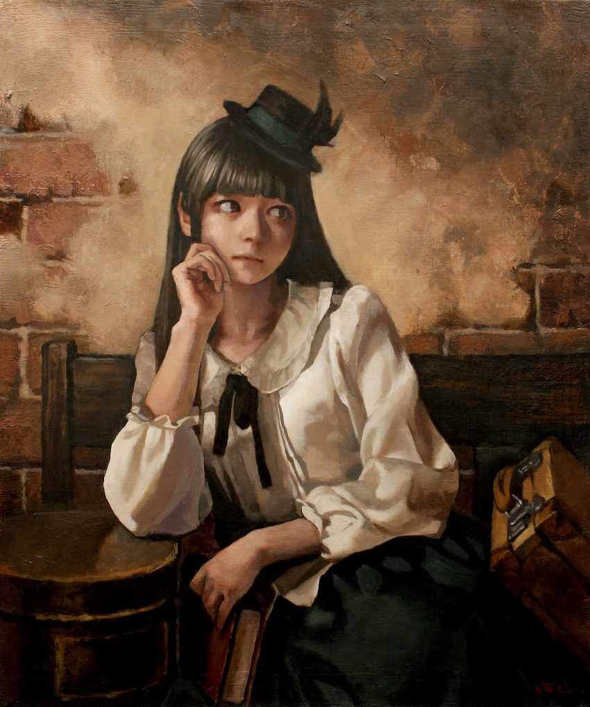 bench black_hair black_skirt blunt_bangs book brick_wall brown_eyes canvas_(medium) commentary_request elbow_rest expressionless female hat highres imai_takahiro indoors leaning_to_the_side long_hair long_sleeves looking_to_the_side oil_painting_(medium) original painting_(medium) photoshop_(medium) ribbon shirt sideways_glance sitting skirt solo stove stucco suitcase top_hat traditional_media white_shirt