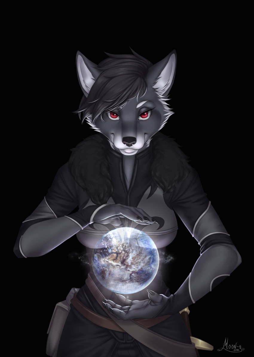 2016 5_fingers absurd_res anthro black_hair black_nose breasts canid canine canis clothed clothing coyote digital_media_(artwork) female fingers fur grey_body grey_fur hair hi_res mammal moon-s red_eyes solo standing tarja_esterdottir