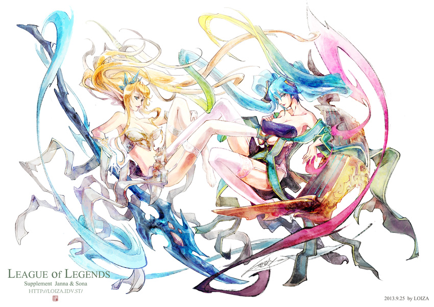 2girls aqua_hair bare_shoulders blonde_hair blue_eyes blue_hair breasts chinese_commentary cleavage commentary_request gloves highres instrument janna_(league_of_legends) large_breasts league_of_legends loiza long_hair midriff multiple_girls navel photoshop_(medium) pointy_ears smile sona_(league_of_legends) staff twintails very_long_hair