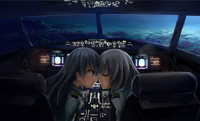 2girls airbus aircraft airplane airplane_interior bad_id bad_pixiv_id blue_eyes blush closed_eyes cloud cockpit commentary_request controller couple eila_ilmatar_juutilainen flying grey_hair highres imminent_kiss joystick kunkakunkakun long_hair looking_at_another multiple_girls noses_touching pilot pilot_uniform sanya_v._litvyak short_hair sitting sky smile strike_witches twilight uniform vehicle_interior world_witches_series yuri