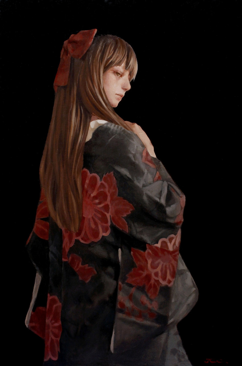 black_background black_kimono bow brown_eyes brown_hair canvas_(medium) commentary_request cowboy_shot expressionless female floral_print from_behind hairbow hand_on_own_chest highres imai_takahiro japanese_clothes kimono long_hair looking_back oil_painting_(medium) original painting_(medium) photoshop_(medium) solo traditional_media