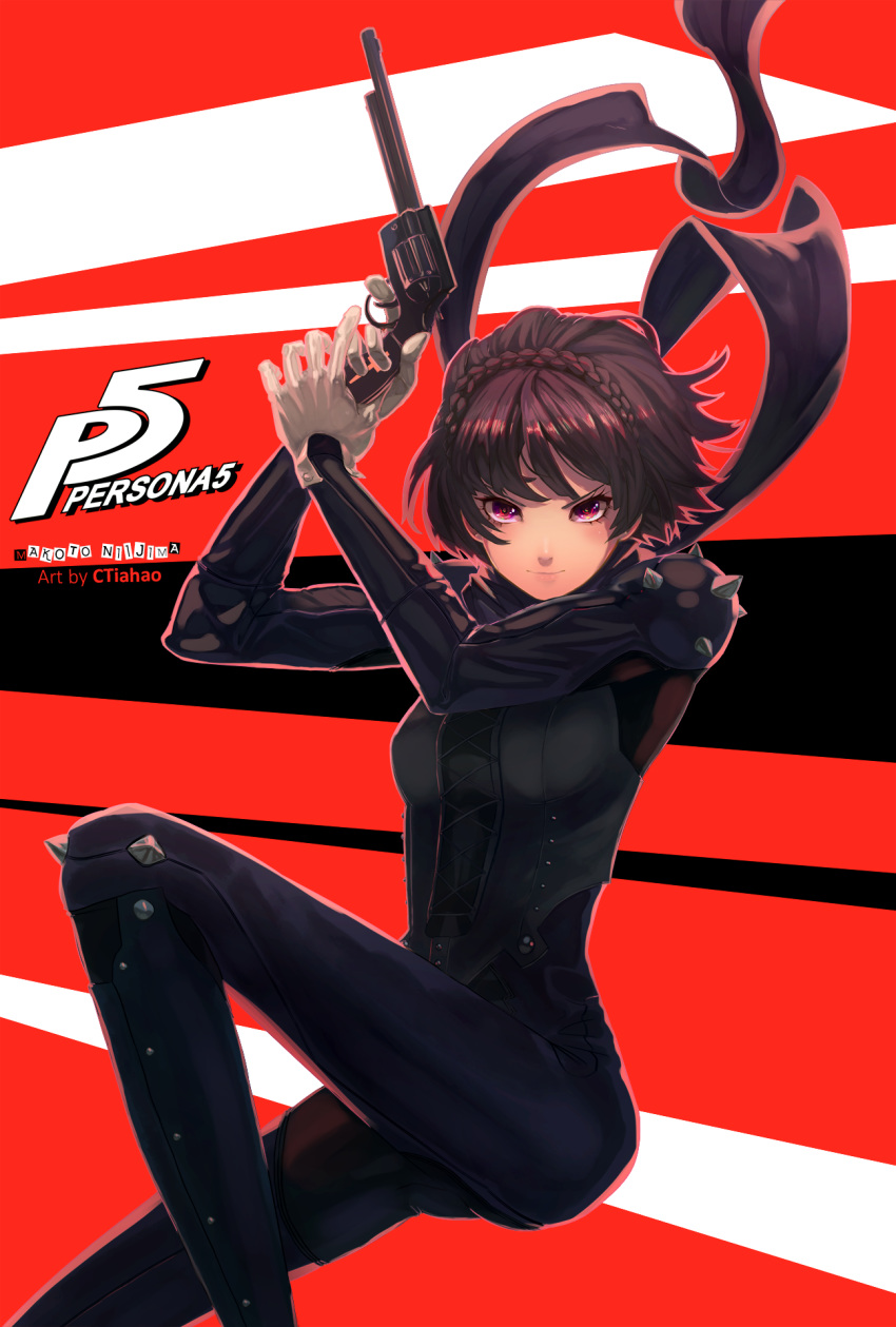 armor artist_name bodysuit braid brown_hair character_name commentary_request copyright_name crown_braid ctiahao female gun highres holding holding_gun holding_weapon looking_at_viewer niijima_makoto persona persona_5 red_eyes scarf short_hair skin_tight smile solo weapon