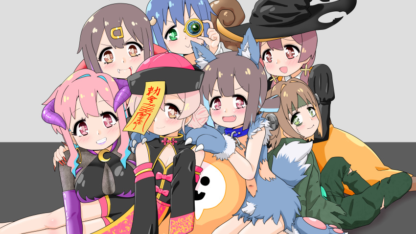 +_+ 6+girls :> :d animal_ear_fluff animal_ears animal_hands black_hair black_hat blood blood_on_face blue_hair blunt_bangs blush bodystocking breasts brown_eyes brown_hair chains china_dress chinese_clothes claws collar colored_inner_hair commentary_request cosplay demon_costume detached_sleeves dress earrings elbow_gloves fangs fangs_out fingernails frankenstein's_monster frankenstein's_monster_(cosplay) gloves green_eyes grey_background grin hair_bun hair_intakes hair_ornament hairclip halloween halloween_costume hands_on_another's_shoulders happyundergate hat highres hoop_earrings horns hozuki_kaede hozuki_momiji jewelry jiangshi_costume juliet_sleeves large_breasts light_blush long_fingernails long_hair long_sleeves looking_at_viewer multicolored_hair multiple_girls murosaki_miyo navel object_through_head oerba_yun_fang ofuda ofuda_on_head oka_asahi onii-chan_wa_oshimai! open_mouth orange_hair oyama_mahiro oyama_mihari patchwork_skin paw_gloves paw_shoes pink_hair puffy_sleeves purple_hair qingdai_guanmao red_eyes red_nails rio_-rainbow_gate!- screw_in_head sharp_fingernails short_hair short_ponytail simple_background sitting skirt sleeves_past_fingers sleeves_past_wrists smile super_blackjack tail tenkawa_nayuta vampire_costume werewolf_costume witch witch_hat wolf_ears wolf_tail yellow_skirt