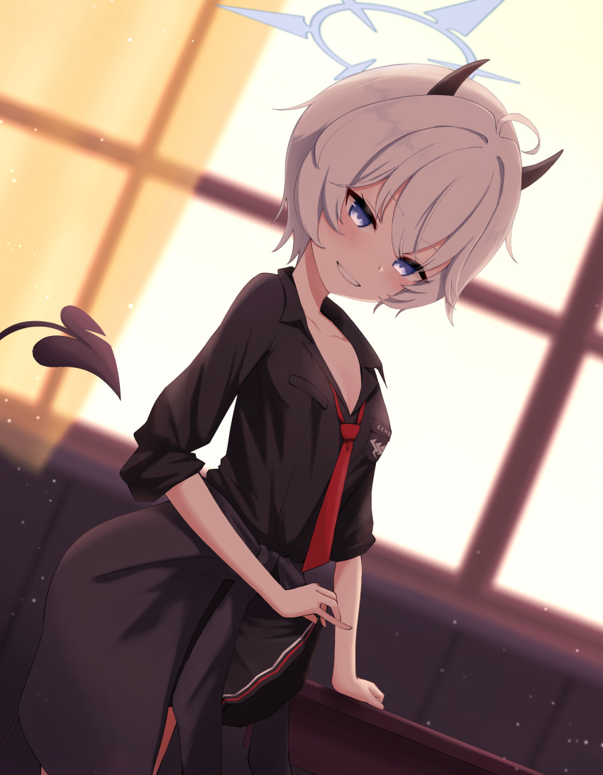 absurdres black_horns black_shirt black_tail blue_archive blue_eyes blue_halo blush breasts cleavage collarbone collared_shirt cowboy_shot demon_horns demon_tail erika_(blue_archive) female grey_hair grin halo highres horns indoors looking_at_viewer necktie red_necktie shiroiurushi shirt short_hair small_breasts smile solo tail window