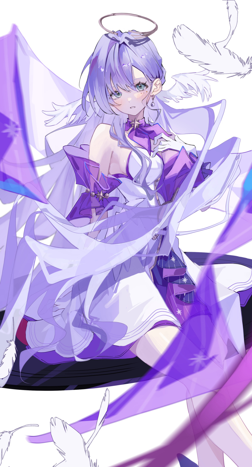 absurdres aqua_eyes arms_behind_back bare_shoulders bird breasts detached_sleeves dress earrings falling_feathers feathers female gloves halo hand_on_own_chest head_wings highres honkai:_star_rail honkai_(series) jewelry long_hair looking_at_viewer medium_breasts parted_lips pigeon purple_dress purple_hair ren_(renjiyu) robin_(honkai:_star_rail) short_sleeves simple_background sitting solo two-tone_dress white_background white_dress white_gloves white_wings wings