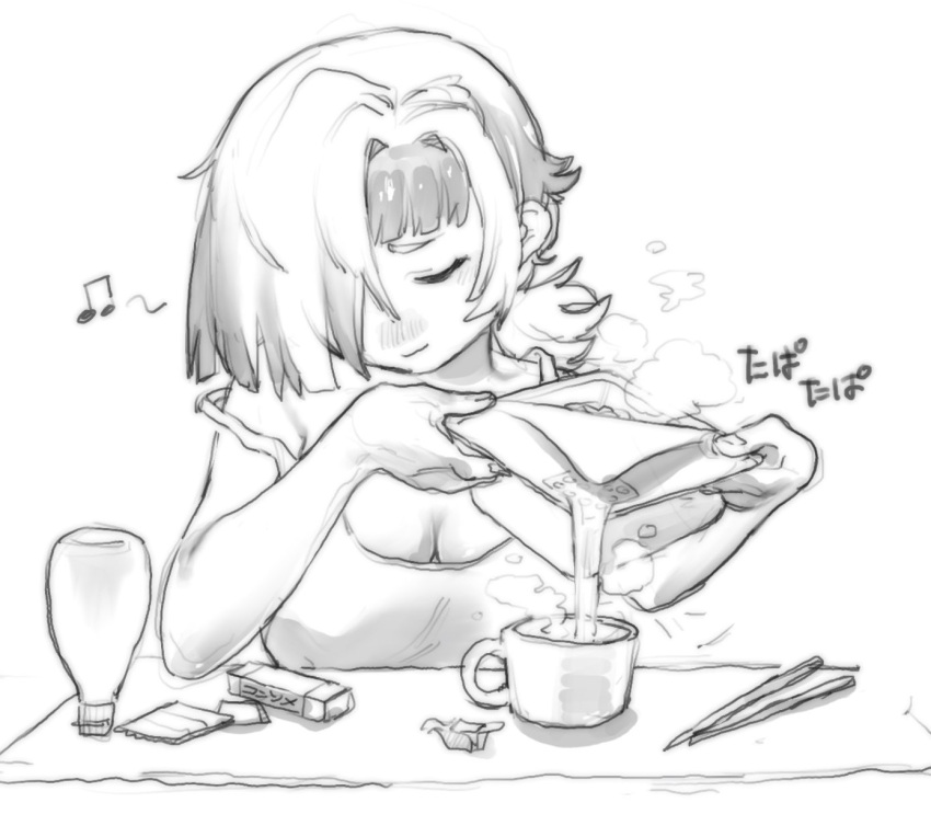 :3 blush breasts chopsticks cleavage closed_eyes closed_mouth cup cup_ramen female hair_over_one_eye highres instant_soba kromer_(project_moon) limbus_company mayonnaise_bottle medium_breasts mug multicolored_hair noodle_strainer pouring project_moon short_hair short_ponytail smile solo steam strainer streaked_hair tank_top unknown_sakaki