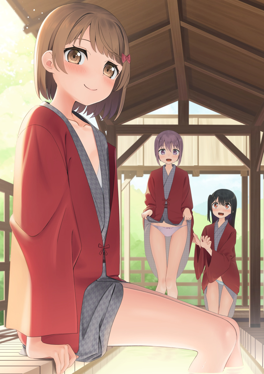 3girls absurdres apollo_(hu_maple) bath_yukata black_hair blue_panties blush bob_cut bow bow_panties bra bra_peek brown_eyes brown_hair closed_mouth clothes_lift clothes_tug commentary_request crotch_seam day foot_bath grey_eyes grey_hair grey_kimono hair_ornament hairclip haori highres japanese_clothes kimono kimono_lift lifting_own_clothes looking_at_another looking_at_viewer medium_hair multiple_girls oerba_yun_fang one_side_up open_mouth original outdoors panties pantyshot short_hair sitting skin_fang smile soaking_feet standing sunlight thigh_gap underwear white_panties yukata yukata_lift