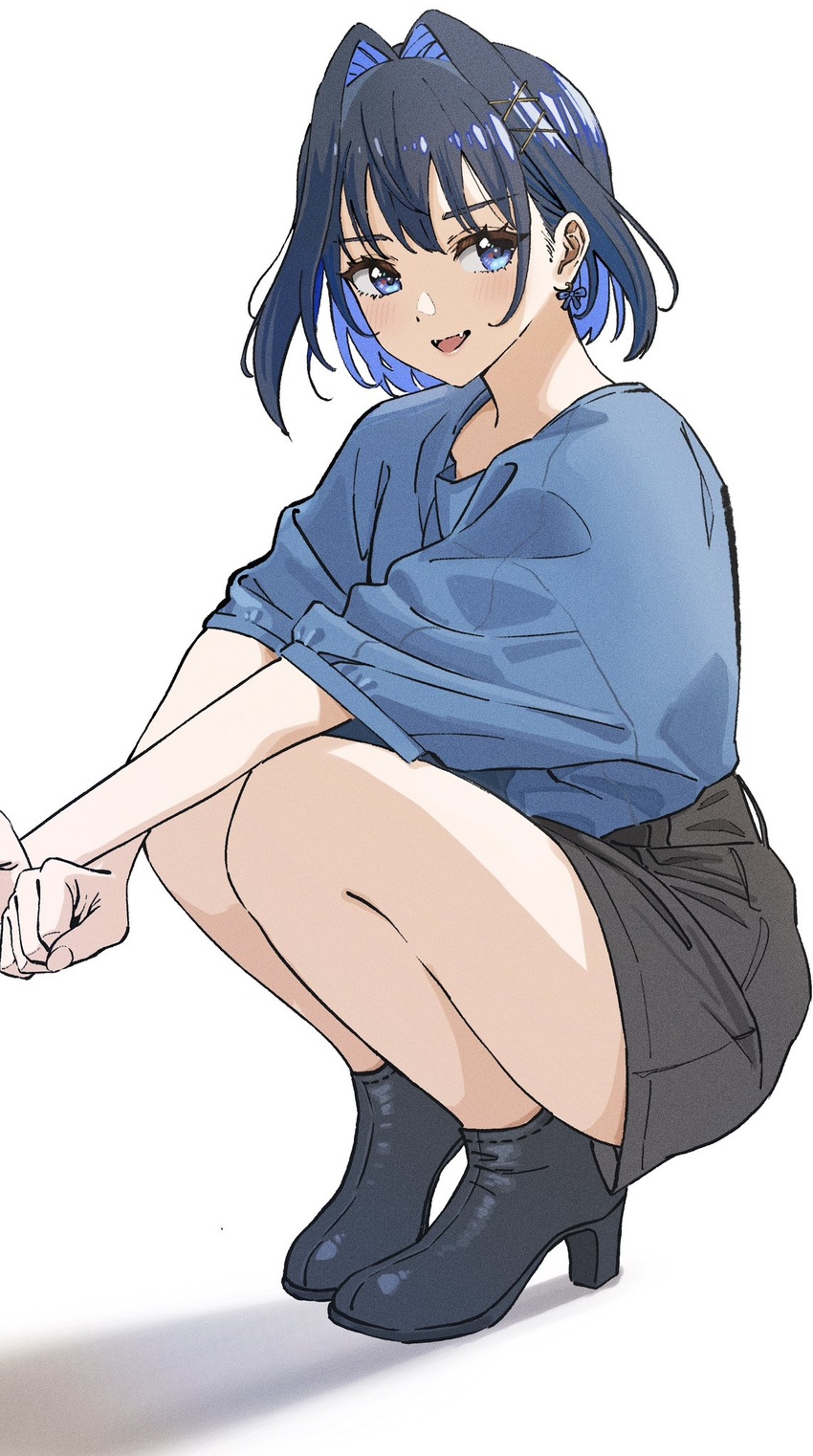 :d alternate_costume bare_legs black_footwear black_shorts blue_eyes blue_hair blue_shirt bow bow_earrings choppy_bangs colored_inner_hair crossed_arms dunchy earrings fangs female from_side hair_intakes hair_ornament hairclip hand_out_of_frame high_heels highres hololive hololive_english jewelry knees_to_chest legs_together light_blush looking_at_viewer loose_clothes loose_shirt medium_hair multicolored_hair ouro_kronii shirt shorts simple_background smile solo squatting virtual_youtuber white_background