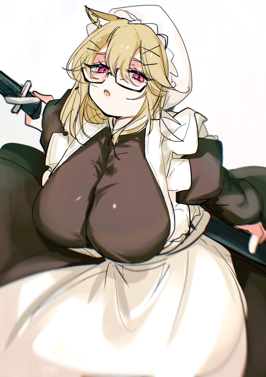 animal_ear_fluff apron arknights black_dress blonde_hair breasts dress female glasses hat highres holding holding_weapon large_breasts long_sleeves looking_at_viewer maid open_mouth pink_eyes puffy_long_sleeves puffy_sleeves short_hair simple_background solo ub_orca utage_(arknights) weapon white_apron white_background white_hat