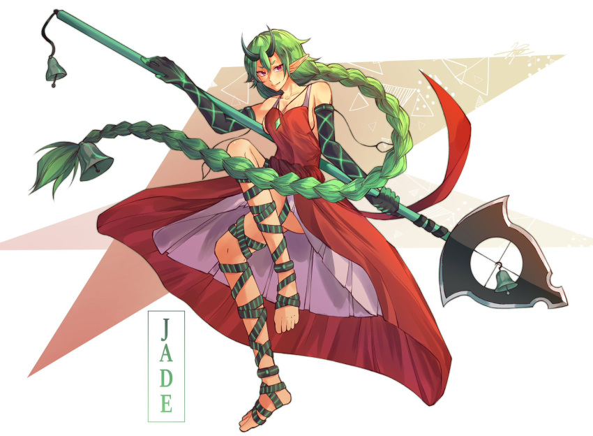 anklet bandaged_foot bandaged_leg bandages bare_legs bare_shoulders barefoot bell braid breasts collarbone commission demon_girl demon_horns detached_sleeves dress elbow_gloves english_commentary feet female fighting_stance gem gloves green_gemstone green_hair hair_bell hair_ornament highres holding holding_polearm holding_weapon horns jade_(boltclash) jewelry kairostier long_hair original pointy_ears polearm purple_eyes red_dress second-party_source sideboob single_braid solo standing standing_on_one_leg toes very_long_hair weapon white_background