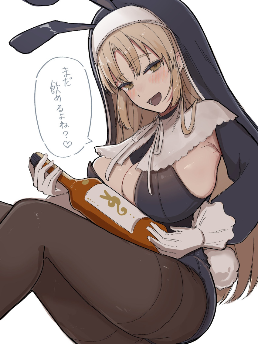 alcohol animal_ears black_leotard breasts detached_sleeves fake_animal_ears fake_tail female gloves habit highres large_breasts leotard light_brown_hair long_hair long_sleeves looking_at_viewer nijisanji nun pantyhose parted_bangs playboy_bunny rabbit_ears rabbit_tail sideboob sister_claire sitting solo strapless strapless_leotard tail taketatetakeya virtual_youtuber white_background white_gloves