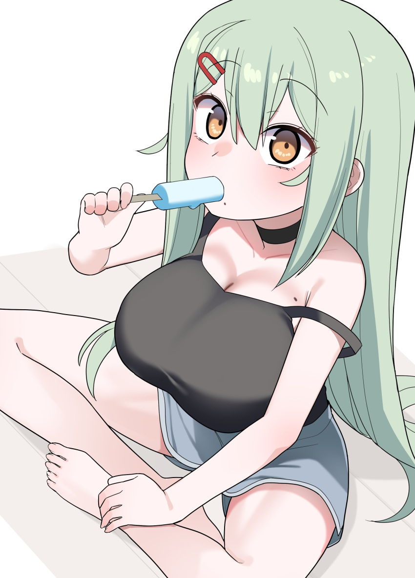 absurdres akitokage barefoot black_choker black_tank_top breasts brown_eyes choker cleavage female food food_in_mouth green_hair grey_shorts hair_between_eyes hair_ornament hairclip highres holding holding_food holding_popsicle large_breasts long_hair mole mole_on_breast mole_under_mouth on_floor popsicle popsicle_in_mouth shorts sitting solo sorako_mozu strap_slip tank_top wooden_floor yomega_kiss