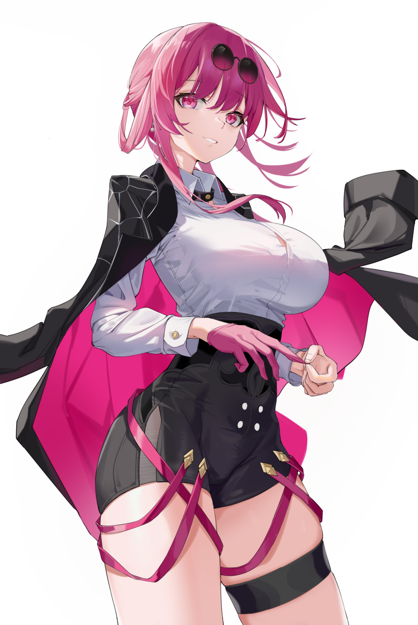 absurdres alternate_breast_size black_jacket black_shorts breasts chinese_commentary collared_shirt commentary_request cowboy_shot eyewear_on_head female freeeeeeeeeee glove_pull gloves high-waist_shorts highres honkai:_star_rail honkai_(series) jacket kafka_(honkai:_star_rail) large_breasts long_hair looking_at_viewer open_clothes open_jacket purple_eyes purple_gloves purple_hair round_eyewear shirt short_shorts shorts sidelocks simple_background single_glove skindentation smile solo spider_web_print sunglasses teeth thigh_strap white_background white_shirt