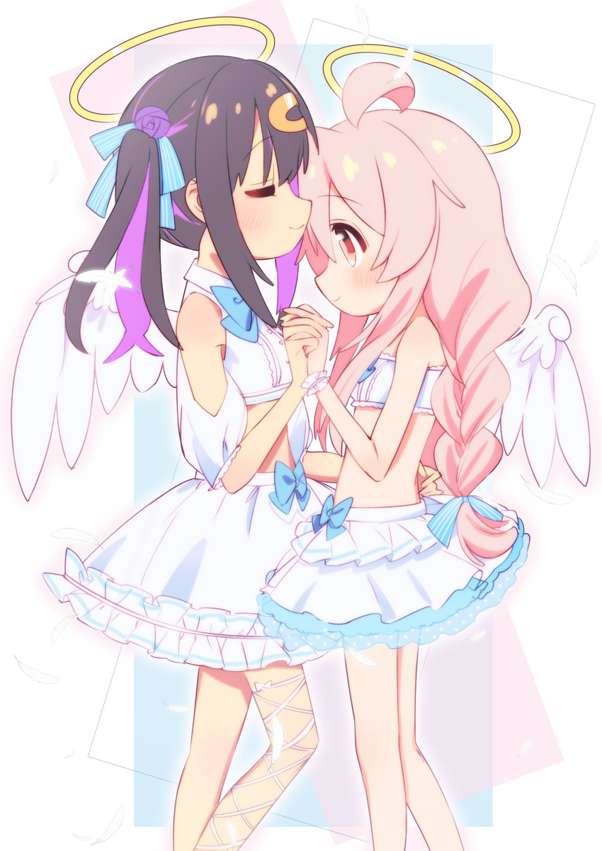 2girls ahoge angel angel_wings bandeau bare_arms bare_legs bare_shoulders black_hair blue_bow blush bow braid brown_eyes closed_eyes commentary crop_top frilled_bandeau from_side hair_ornament hairclip halo highres holding_hands interlocked_fingers layered_skirt long_hair midriff mochitsuki_kagami multicolored_hair multiple_girls official_alternate_costume onii-chan_wa_oshimai! oyama_mahiro oyama_mihari pink_hair profile purple_hair siblings simple_background sisters skirt smile twintails two-tone_hair very_long_hair white_skirt wings wrist_cuffs