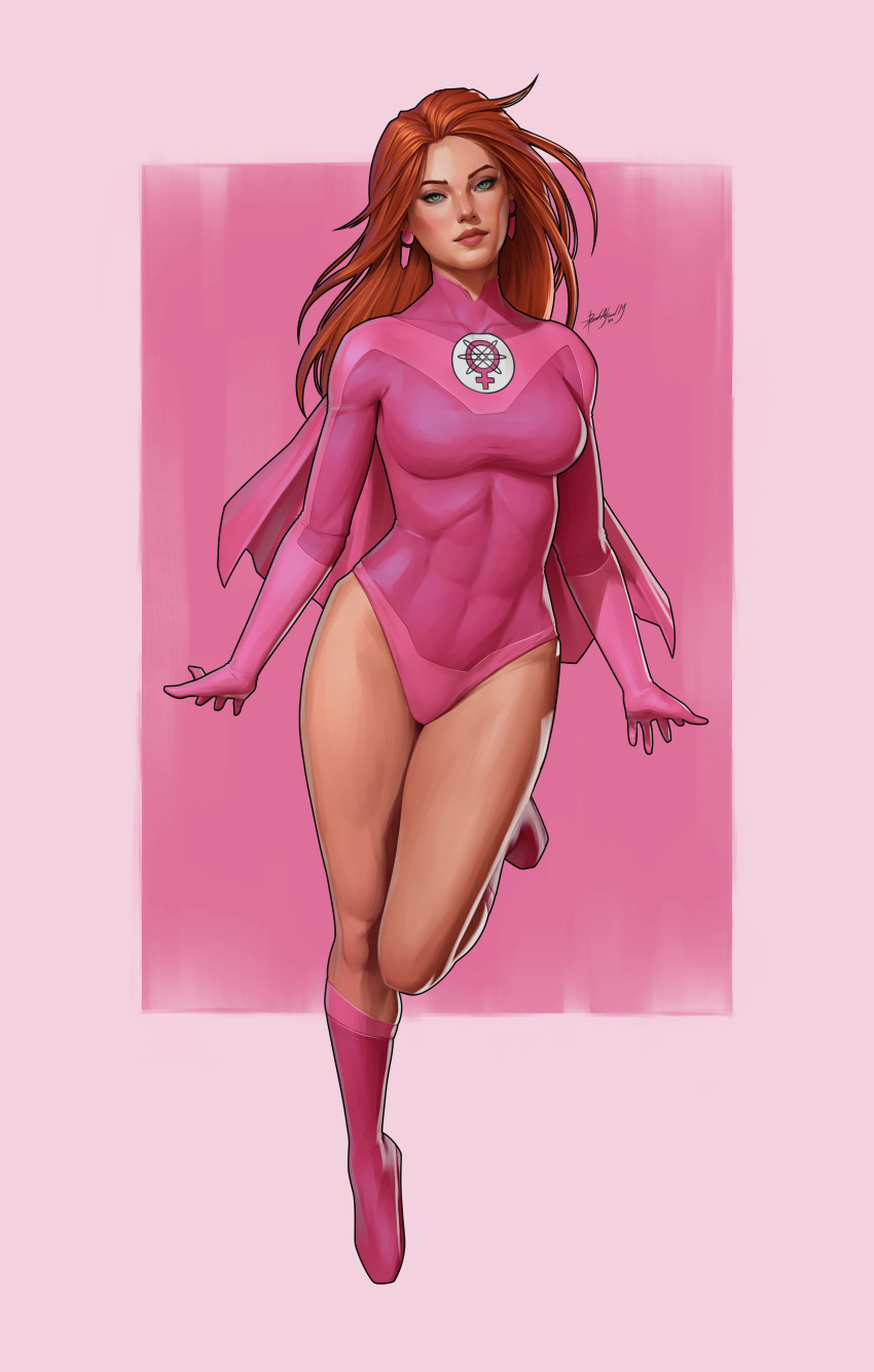 absurdres atom_eve boots breasts cape clip_studio_paint_(medium) commentary commission dalejomej english_commentary female full_body green_eyes highres image_comics invincible_(series) large_breasts leotard long_hair looking_at_viewer orange_hair pink_footwear pink_leotard skin_tight solo superhero_costume thighs