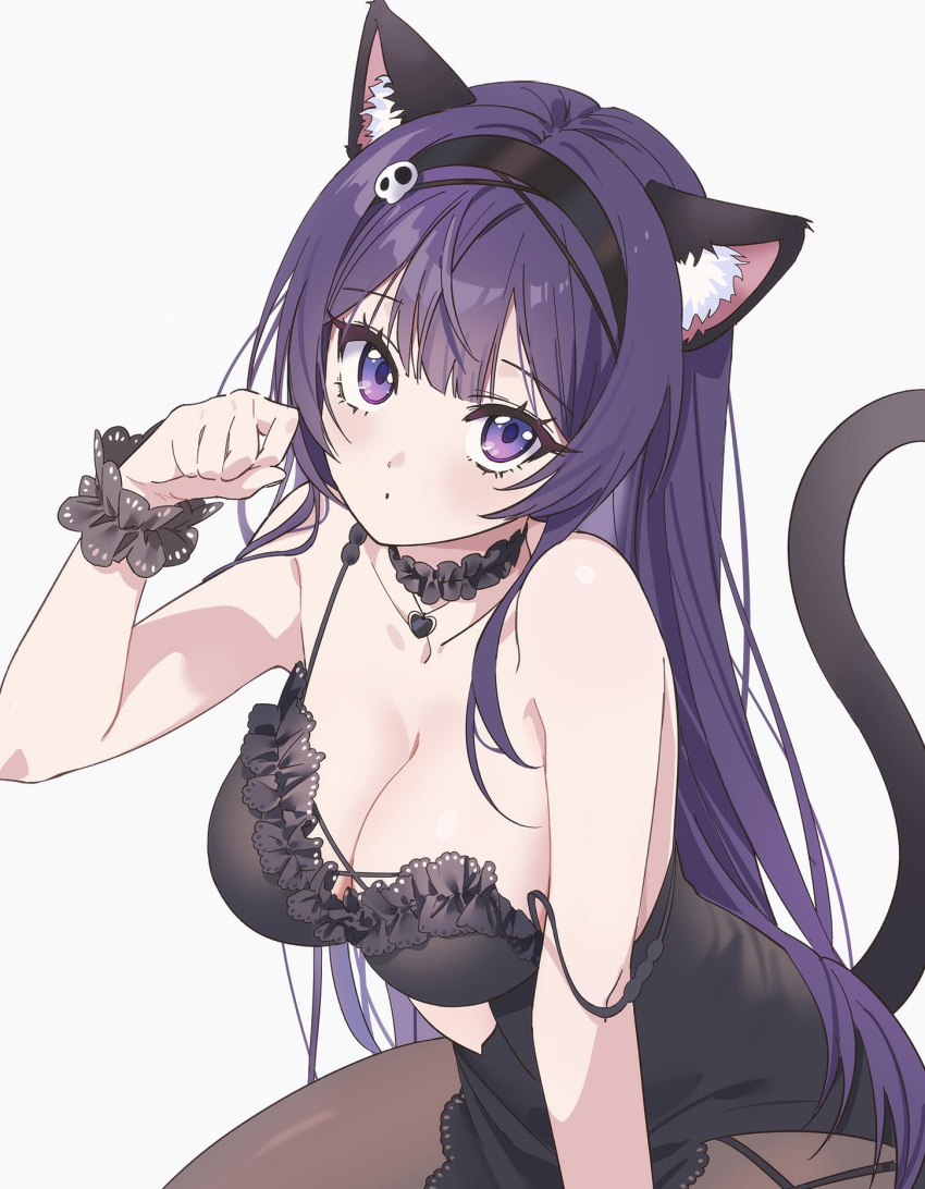 animal_ears bare_shoulders black_dress black_garter black_hairband black_pantyhose blush breasts cat_ears cat_tail cleavage clothing_cutout collarbone commentary commission cowboy_shot dress fake_animal_ears fake_tail female hair_between_eyes hair_ornament hairband hand_up heart_pendant highres large_breasts leaning_forward long_hair looking_at_viewer moya_(toatomoot) neck_garter original pantyhose paw_pose purple_eyes purple_hair sidelocks simple_background skeb_commission skull_hair_ornament sleeveless sleeveless_dress solo stomach_cutout straight_hair strap_slip tail white_background