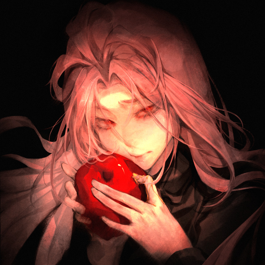 1boy apple black_background black_sweater closed_mouth food fruit hatsutori_hajime highres holding holding_food holding_fruit hua_(qingmeiranshuangxue) long_hair long_sleeves male_focus parted_bangs pink_hair portrait red_apple red_eyes saibou_shinkyoku simple_background solo sweater turtleneck turtleneck_sweater