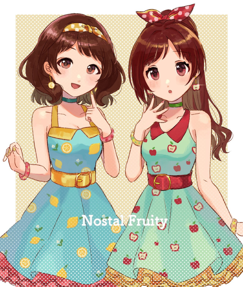 2girls antenna_hair apple_earrings apple_print bare_shoulders belt blue_dress blush border bow breasts brown_eyes brown_hair chestnut_mouth choker cleavage collarbone dot_nose dress earrings food-themed_earrings frilled_dress frills fruit_print glint green_choker green_dress hair_ribbon hairband hairbow hand_up highres idolmaster idolmaster_cinderella_girls idolmaster_cinderella_girls_starlight_stage index_finger_raised jewelry lemon_earrings lemon_print light_brown_background long_hair looking_at_viewer medium_breasts multiple_girls nagatomi_hasumi nail_polish open_hand open_mouth orange_belt orange_hairband outside_border pink_bracelet pink_nails polka_dot polka_dot_background polka_dot_hairband polka_dot_ribbon print_dress red_belt red_eyes red_ribbon ribbon short_hair sleeveless sleeveless_dress smile tokitanatsu tsujino_akari white_border yellow_bracelet yellow_nails