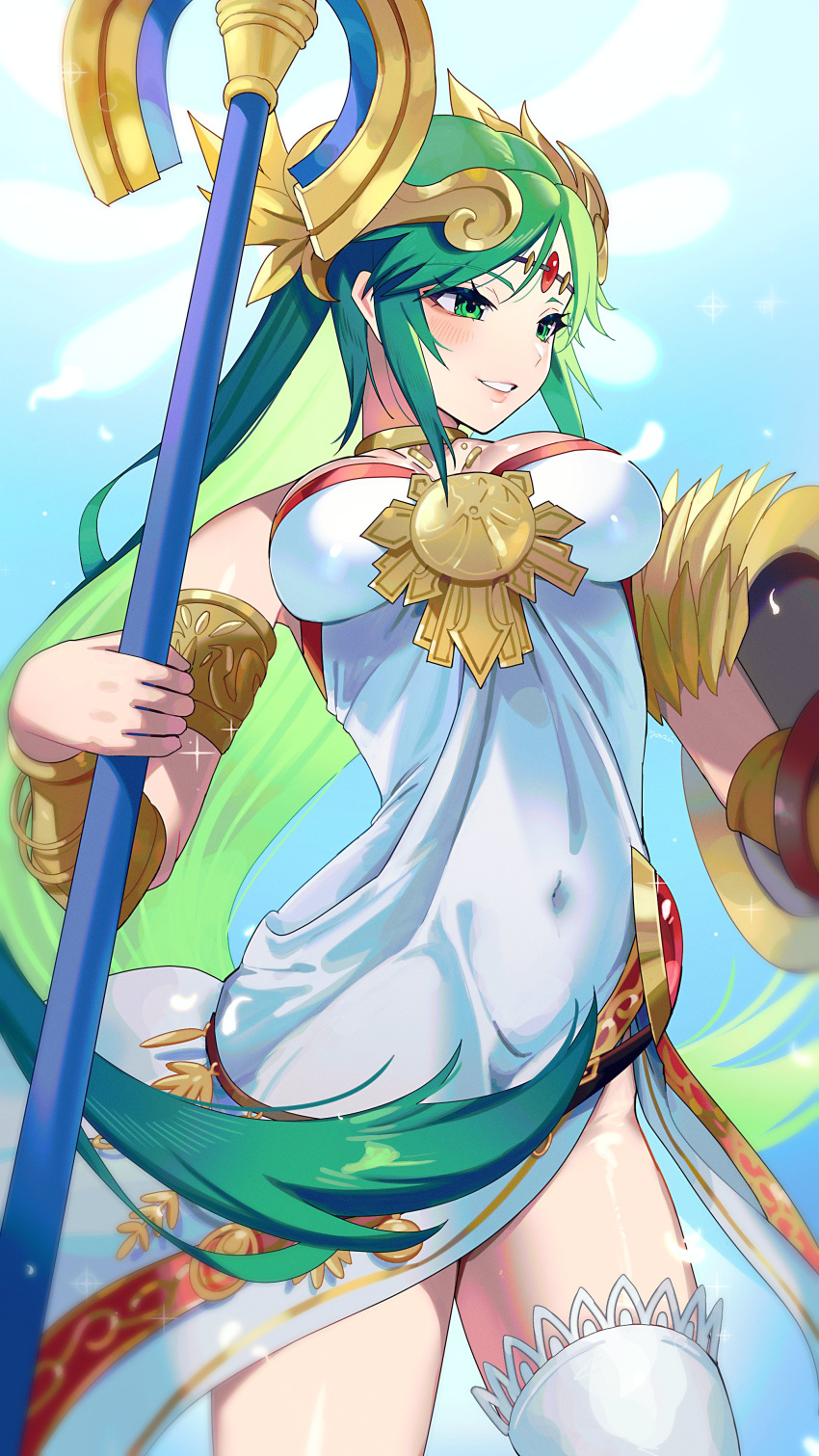 absurdres ancient_greek_clothes armlet bare_shoulders breasts chains chiton circlet covered_navel diadem dress female forehead_jewel gold_chain greco-roman_clothes green_eyes green_hair highres holding holding_shield holding_staff jewelry kid_icarus kid_icarus_uprising large_breasts long_hair neck_ring palutena parted_bangs shield side_slit single_thighhigh smile solo staff strapless strapless_dress thighhighs vambraces very_long_hair white_dress white_thighhighs yasaikakiage