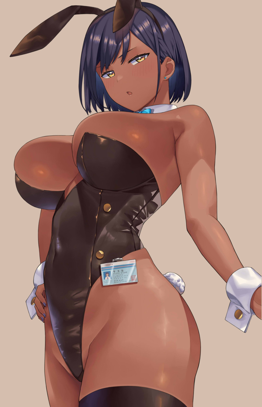 absurdres animal_ears bare_shoulders black_hair black_leotard black_thighhighs breasts covered_navel dark-skinned_female dark_skin earrings fake_animal_ears female hai_ookami hand_on_own_hip highleg highleg_leotard highres id_card jewelry leotard looking_at_viewer open_mouth original playboy_bunny rabbit_ears rabbit_tail short_hair solo tail thighhighs wrist_cuffs yellow_eyes