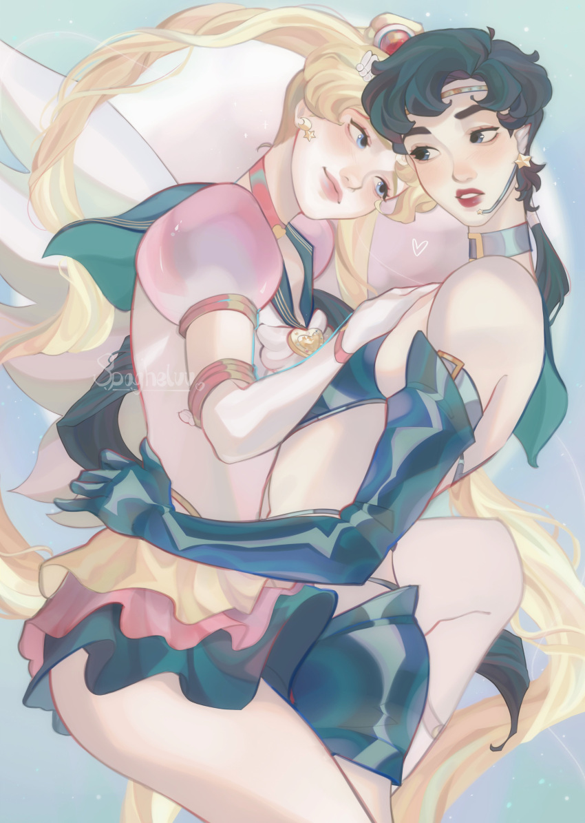 2girls absurdres bishoujo_senshi_sailor_moon bishoujo_senshi_sailor_moon_stars black_gloves black_hair blonde_hair blue_eyes brooch choker circlet closed_mouth commentary double_bun earrings elbow_gloves english_commentary eternal_sailor_moon gloves hair_bun heart heart_brooch highres jewelry leotard long_hair magical_girl multicolored_clothes multicolored_skirt multiple_girls pink_skirt ponytail puffy_short_sleeves puffy_sleeves sailor_collar sailor_moon sailor_senshi_uniform sailor_star_fighter seiya_kou short_sleeves skirt smile spagheluu star_(symbol) tsukino_usagi twintails watermark white_gloves white_leotard white_wings wing_brooch wings yellow_skirt yuri