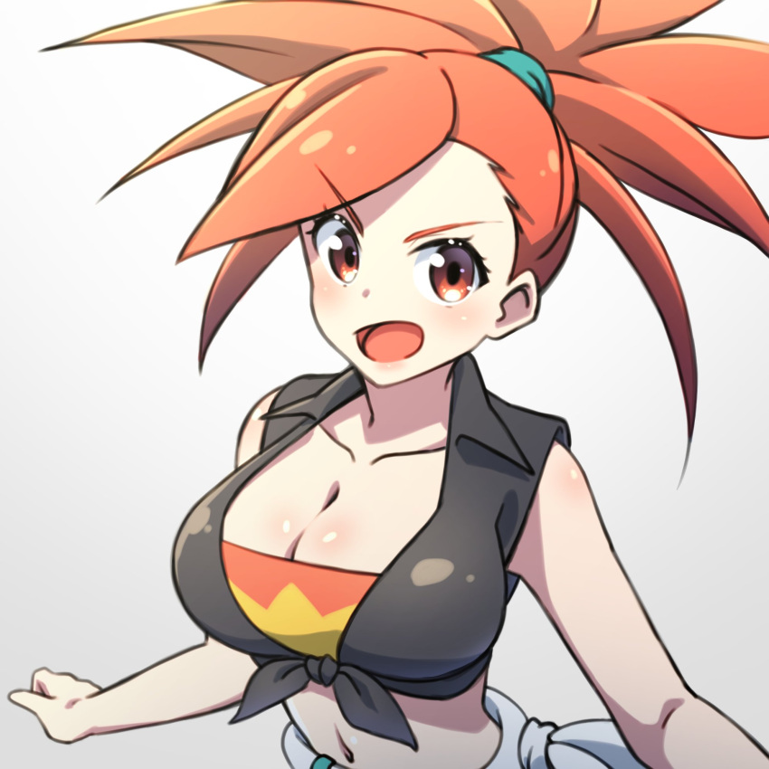 bare_arms breasts crop_top female flannery_(pokemon) gradient_background grey_background highres looking_at_viewer midriff navel open_mouth pokemon pokemon_oras red_eyes red_hair rice5951 shirt solo tied_shirt