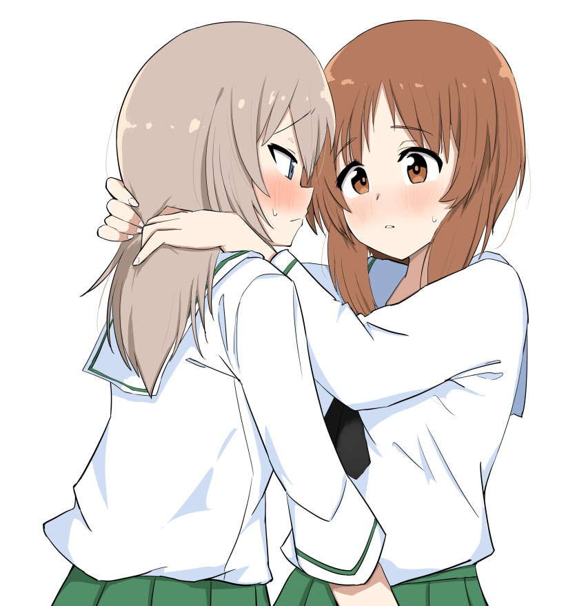 2girls absurdres black_neckerchief blush brown_eyes brown_hair chaarai closed_mouth commentary_request eye_contact girls_und_panzer green_skirt grey_hair hands_on_another's_neck highres itsumi_erika long_hair looking_at_another medium_hair multiple_girls neckerchief nishizumi_miho ooarai_school_uniform parted_lips pleated_skirt sailor_collar school_uniform serafuku shirt simple_background skirt white_background white_sailor_collar white_shirt yuri