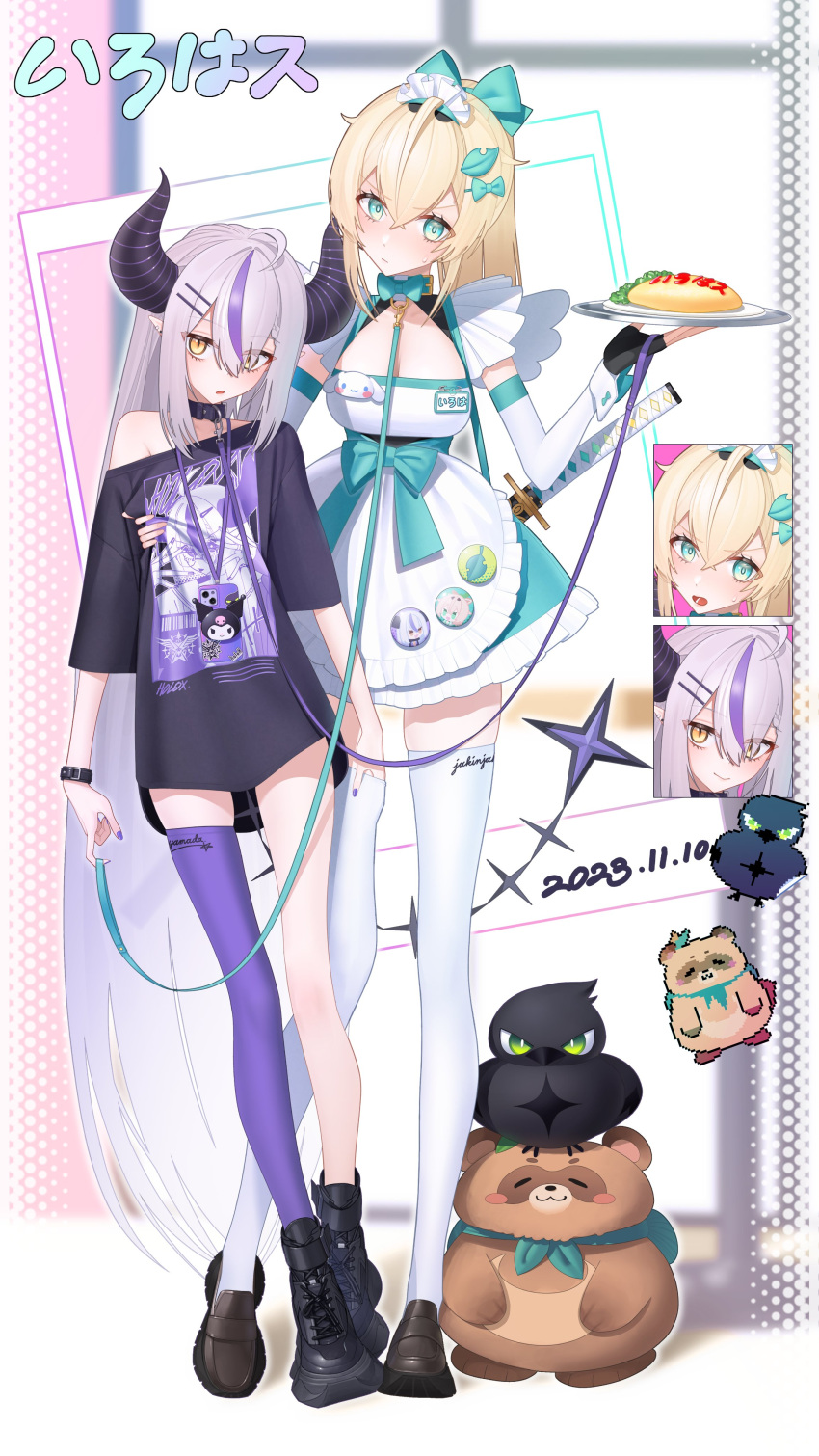 2girls absurdres bird black_footwear black_shirt blonde_hair brown_footwear crow crow_(la+_darknesss) demon_horns dress full_moon green_eyes grey_hair hair_between_eyes hair_ornament hairpin highres hololive horns kazama_iroha la+_darknesss looking_at_viewer maid maid_headdress moon multiple_girls purple_hair purple_thighhighs raccoon shirt shoes single_thighhigh standing thighhighs white_dress white_thighhighs whskswnd yellow_eyes