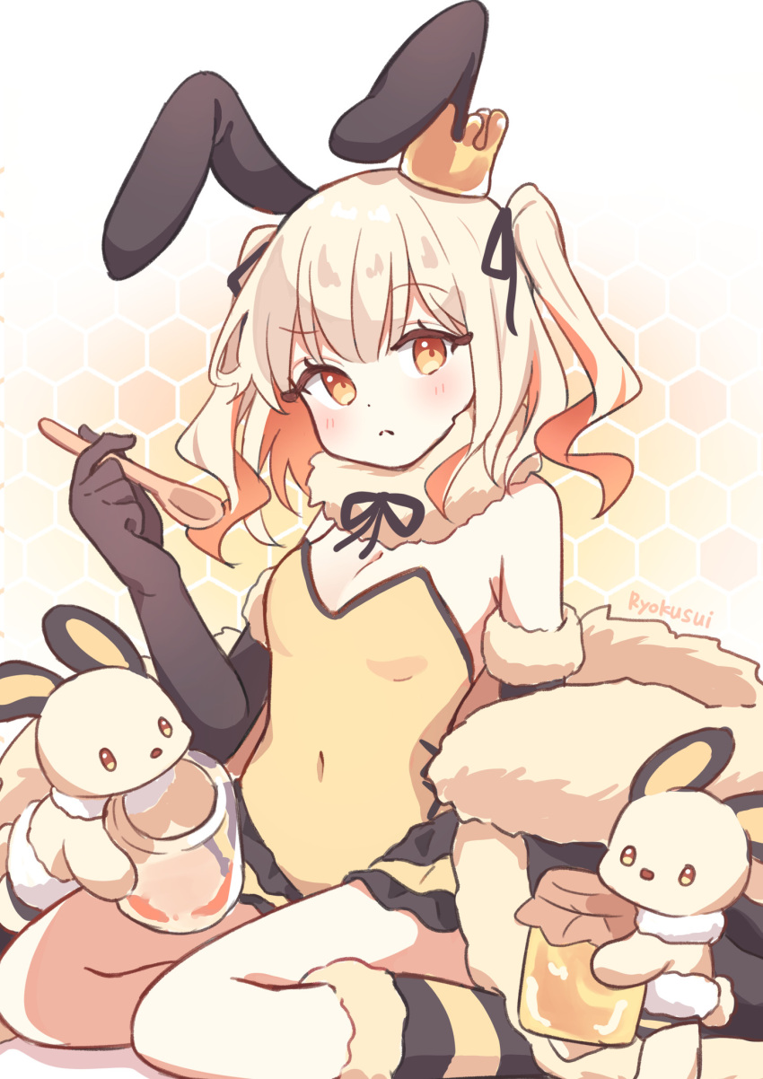 animal_ears bare_shoulders black_gloves black_ribbon blonde_hair blush breasts brown_eyes closed_mouth commentary_request covered_navel crown elbow_gloves female fur-trimmed_gloves fur_trim gloves hair_ribbon hand_up highres holding holding_spoon honey honeycomb_(pattern) honeycomb_background jar leotard looking_at_viewer mini_crown multicolored_hair orange_hair original playboy_bunny rabbit_ears ribbon ryoku_sui signature sitting small_breasts socks solo spoon strapless strapless_leotard striped_clothes striped_socks two-tone_hair two_side_up yellow_leotard