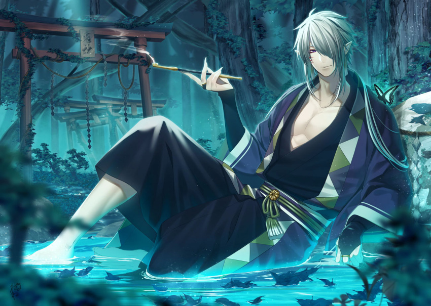 1boy black_kimono bridal_gauntlets commentary_request full_body grey_hair hair_over_one_eye holding holding_smoking_pipe japanese_clothes kimono kiseru long_hair looking_at_viewer male_focus multiple_torii original outdoors pointy_ears purple_eyes sitting smoking_pipe solo suzuka_nene torii water