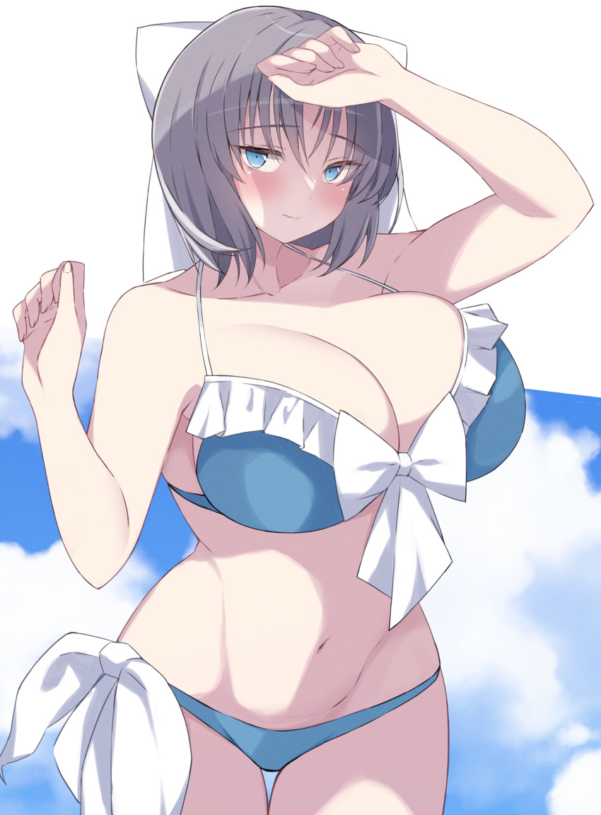 absurdres arm_up arms_up bare_arms bikini blue_bikini blue_eyes blue_sky blush breasts chimunge cleavage closed_mouth cloud collarbone commentary_request female frilled_bikini frills grey_hair hair_between_eyes hair_ribbon highres large_breasts looking_at_viewer navel ribbon senran_kagura senran_kagura_estival_versus senran_kagura_shinovi_versus short_hair sky solo standing swimsuit white_background yumi_(senran_kagura)