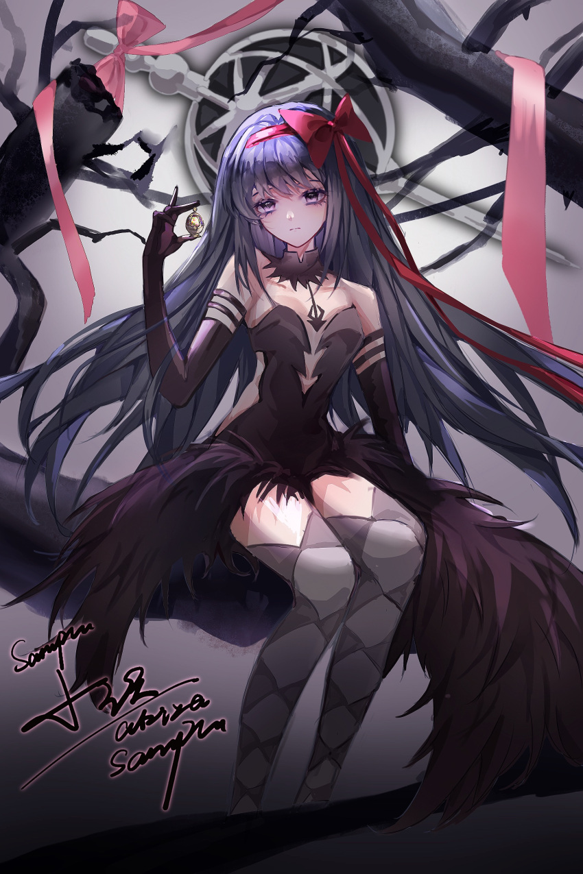 absurdres akemi_homura akuma_homura argyle_clothes argyle_thighhighs armlet bare_shoulders black_collar black_dress black_gloves black_hair bow breasts center_opening chinese_commentary cleavage closed_mouth collar collarbone commentary_request detached_collar dress elbow_gloves expressionless eyelashes feather-trimmed_dress feet_out_of_frame female gem gloves grey_background grey_thighhighs grief_seed hairband hairbow high_collar highres holding holding_gem jewelry long_dress long_hair looking_at_viewer mahou_shoujo_madoka_magica mahou_shoujo_madoka_magica:_hangyaku_no_monogatari open_clothes open_dress pink_bow purple_eyes red_bow red_hairband sample_watermark signature sitting sitting_on_branch small_breasts solo soul_gem strapless strapless_dress thighhighs very_long_hair watermark xiaoze_(xinjinjumin5609587) yellow_gemstone