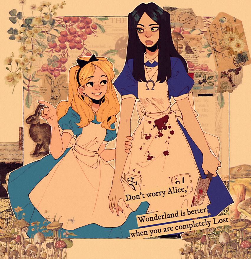 2girls absurdres alice_(alice_in_wonderland) alice_liddell_(american_mcgee's_alice) american_mcgee's_alice apron bad_id bad_tumblr_id berry black_bow black_eyes black_hair black_hairband black_ribbon blonde_hair blood blood_on_clothes blood_on_knife blood_splatter blue_dress blush border bow clover commentary dress dual_persona english_commentary english_text eye_contact green_eyes hair_over_shoulder hair_ribbon hairband hairbow hand_on_another's_arm hand_up height_difference highres holding_another's_arm jewelry jupiter_symbol knife lips long_hair looking_at_another looking_down looking_to_the_side multiple_girls mushroom necklace nose nose_blush omega_symbol outline outside_border parted_hair pendant pink_lips pixie_(milkywaypixies) pointing rabbit ribbon side-by-side standing tag uranus_symbol white_apron white_border white_outline