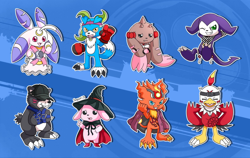 anthro avian bandai_namco bear bearmon bird brown_body brown_fur claws clothing coronamon cosplay cutemon danganronpa danganronpa_v3 demon digimon digimon_(species) female fur gaomon group hat hawkmon headgear headwear hi_res himiko_yumeno horn impmon kaede_akamatsu kaito_momota kokichi_oma lagomorph leporid liliana86973943 long_ears lopmon lunamon maki_harukawa male mammal mischievous_smile purple_body rabbit rantaro_amami shuichi_saihara spike_chunsoft tenko_chabashira witch_hat