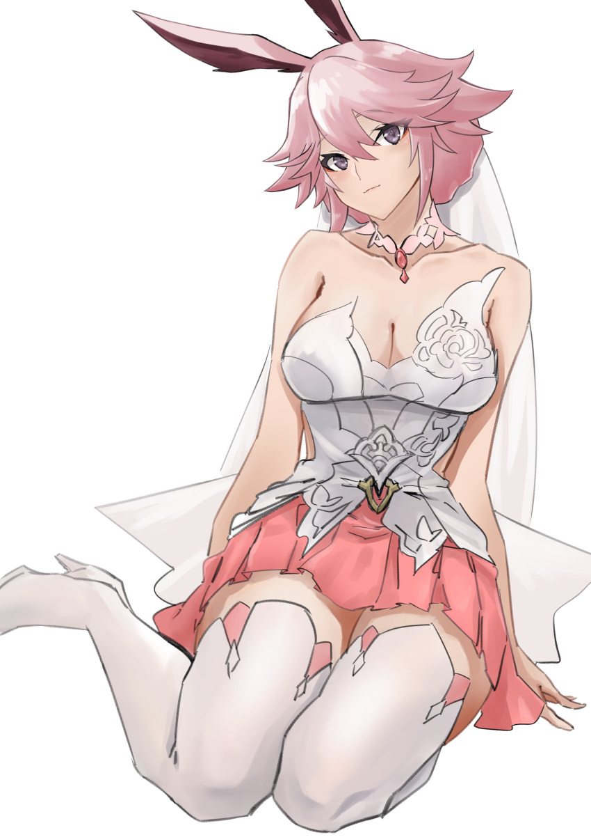 absurdres animal_ears breasts cleavage closed_mouth dress female fox_ears high_heels highres honkai_(series) honkai_impact_3rd looking_at_viewer medium_breasts pink_hair purple_eyes simple_background solo strapless strapless_dress task_baron thighhighs veil wedding_dress white_background white_dress white_thighhighs yae_sakura yae_sakura_(dream_raiment) yae_sakura_(flame_sakitama)