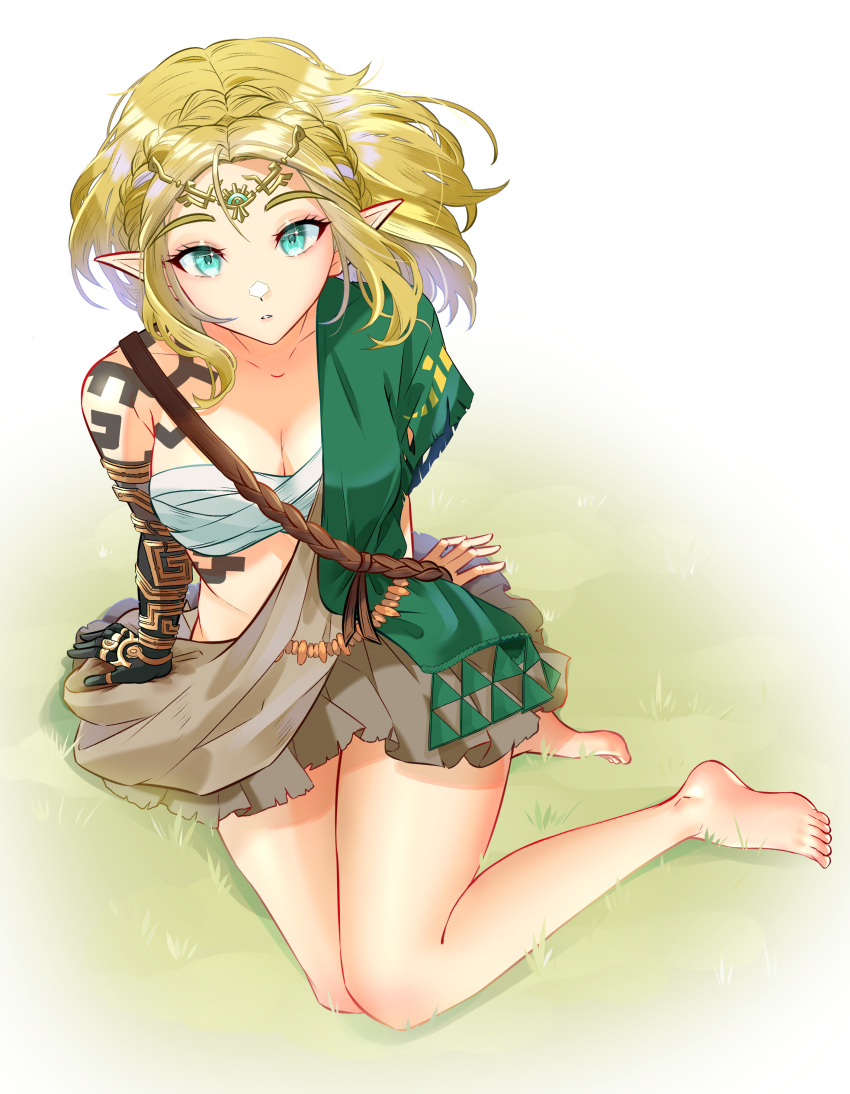 absurdres archaic_set_(zelda) arm_support bandages bare_legs barefoot blonde_hair body_markings braid breasts chest_sarashi circlet collarbone cosplay crown_braid english_commentary female grass green_eyes green_tunic highres large_breasts link link_(cosplay) looking_at_viewer meisaki on_ground parted_bangs parted_lips pointy_ears princess_zelda sarashi short_hair sitting solo the_legend_of_zelda the_legend_of_zelda:_tears_of_the_kingdom toes triforce_print tunic yokozuwari