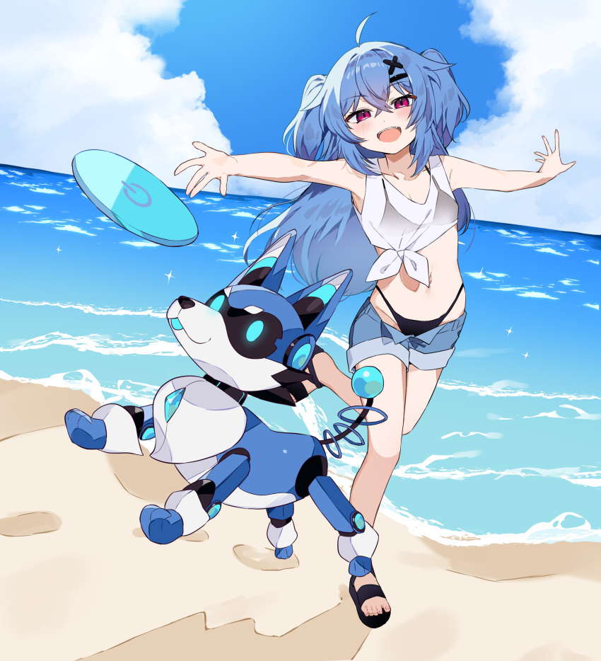 absurdres ahoge beach bikini black_bikini black_footwear blue_hair blue_sky chiaki_katsumi cloud denim denim_shorts female frisbee hair_ornament highres light_blush long_hair looking_at_viewer navel non-humanoid_robot ocean open_mouth outdoors pixellink red_eyes robot robot_animal robot_dog sand sandals shirt shorts sky sleeveless sleeveless_shirt smile stomach swimsuit tied_shirt two_side_up usukawa_(uskw_sr) virtual_youtuber water white_shirt x_hair_ornament