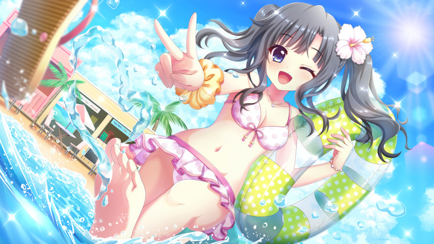 ;d bad_perspective beach bikini bikini_skirt black_hair blue_eyes blue_sky blurry blurry_foreground bracelet breasts chair cleavage cloud collarbone day dot_nose dutch_angle feet female film_grain flip-flops flower game_cg groin hair_flower hair_ornament hibiscus holding holding_swim_ring itsumura_yukari izumi_tsubasu jewelry kicking lens_flare medium_hair navel necklace non-circular_lens_flare non-web_source ocean official_art one_eye_closed open_mouth outdoors palm_tree pink_bikini polka_dot polka_dot_bikini polka_dot_innertube re:stage! sandals scrunchie shoe_loss sidelocks sky smile solo sparkle splashing sun swim_ring swimsuit table toes tree twintails v white_flower wrist_scrunchie yellow_scrunchie