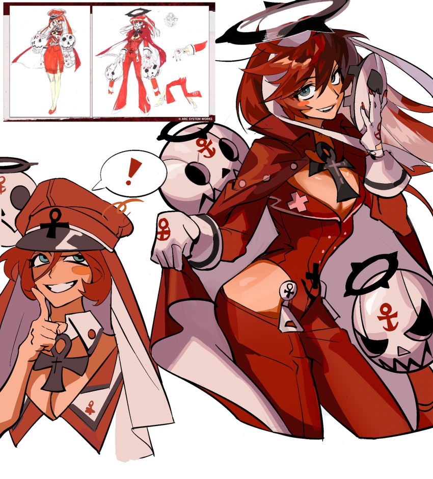 black_halo blue_eyes breasts cape cleavage concept_art female gloves guilty_gear guilty_gear_strive halo hat highres holding holding_mask jack-o jack-o'_valentine jacket looking_at_viewer looking_up mask multiple_views red_cape red_hair red_hat red_jacket streetgear_game thinking white_gloves