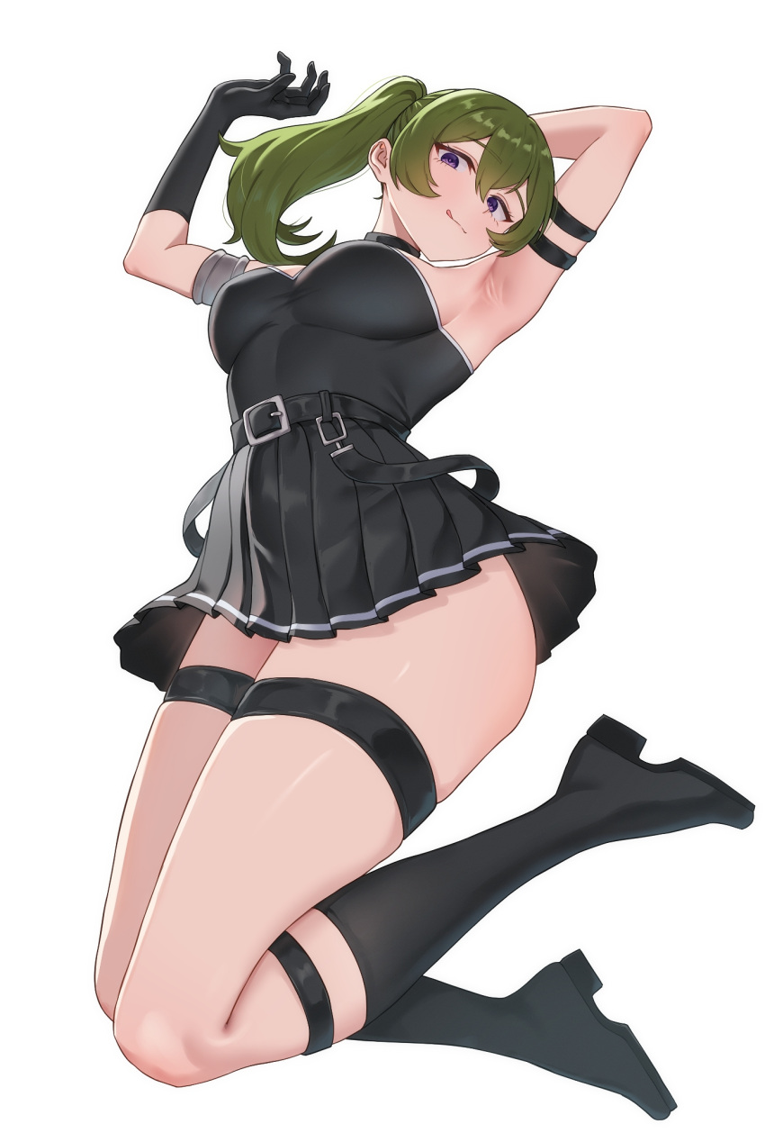 :q arm_strap armlet armpits arms_up bare_shoulders belt black_belt black_choker black_dress black_footwear black_gloves boots breasts choker closed_mouth commentary dress feet_up female full_body gloves green_hair highres jewelry kadokadokado large_breasts long_hair looking_at_viewer pleated_dress purple_eyes short_dress side_ponytail simple_background single_glove solo sousou_no_frieren suspenders_hanging thigh_strap thighs tongue tongue_out ubel_(sousou_no_frieren) white_background