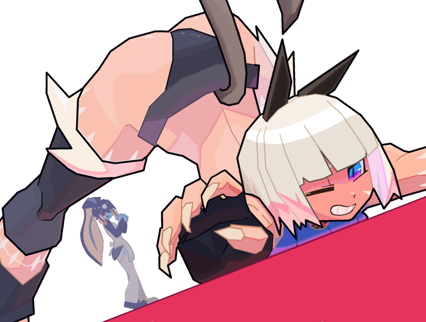 2girls animal_ears bent_over blue_eyes blue_skin bone_nig cat_ears cat_girl cat_tail colored_skin fingerless_gloves fingernails fish_girl gloves highres minette_(skullgirls) ms._fortune_(skullgirls) multiple_girls multiple_scars one_eye_closed own_hands_together scar sharp_fingernails short_hair skullgirls tail waitress white_hair