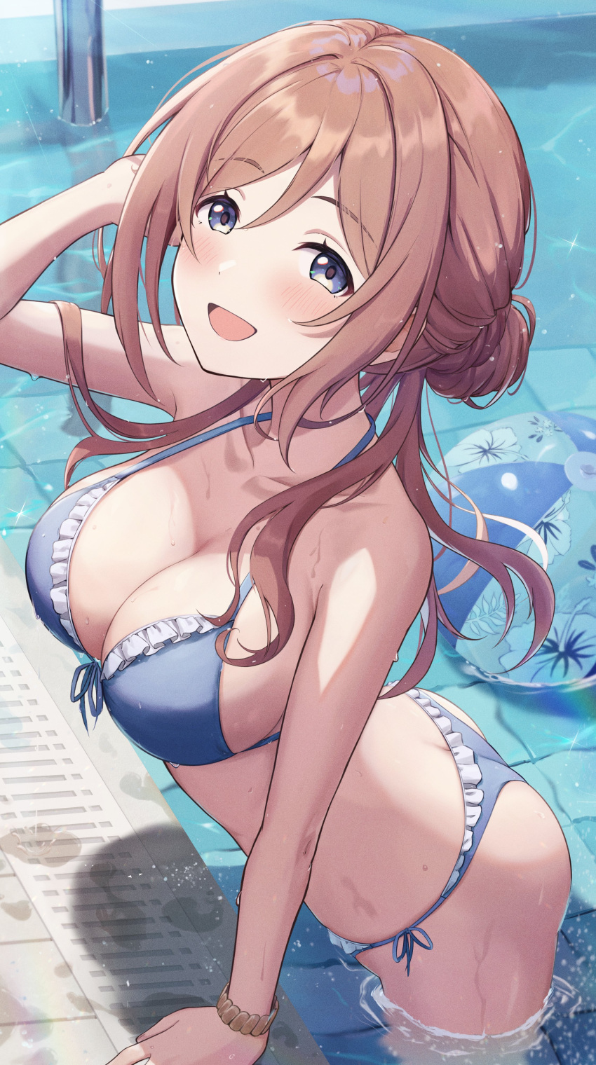 absurdres ass ball beachball bikini blue_bikini blue_eyes breasts brown_hair cleavage collarbone commentary female frilled_bikini frills gakuen_idolmaster highres himesaki_rinami idolmaster large_breasts long_hair looking_at_viewer masuku_(saint_mask) open_mouth pool poolside smile solo swimsuit