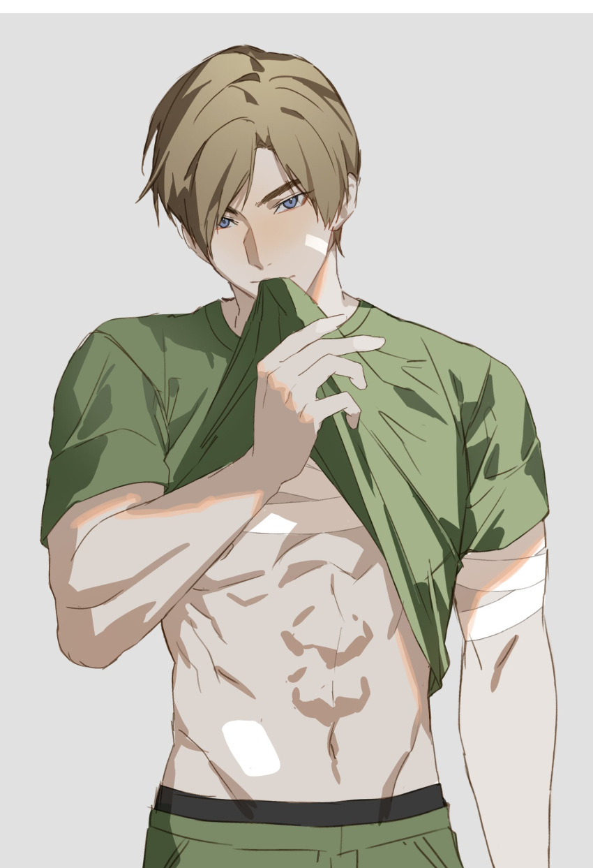 1boy abs arm_up bandage_on_face bandaged_arm bandaged_chest bandages blonde_hair blue_eyes clothes_in_mouth clothes_pull commentary cowboy_shot green_pants green_shirt groin hand_out_of_frame highres jujeop leon_s._kennedy looking_ahead male_focus male_underwear male_underwear_peek mouth_hold muscular muscular_male navel pants parted_hair resident_evil resident_evil_2 resident_evil_2_(remake) shirt shirt_in_mouth shirt_pull short_sleeves simple_background solo underwear