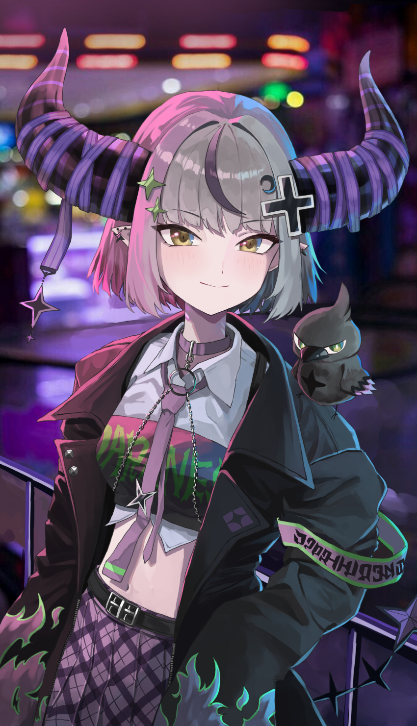 absurdres art_mu belt black_belt black_choker black_jacket blurry breasts choker closed_mouth collared_shirt cowboy_shot crow_(la+_darknesss) depth_of_field female green_eyes grey_hair hands_in_pockets highres hololive horns jacket la+_darknesss la+_darknesss_(casual) looking_at_viewer midriff necktie official_alternate_costume open_clothes open_jacket pleated_skirt purple_necktie purple_skirt shirt short_hair skirt small_breasts smile solo virtual_youtuber white_shirt