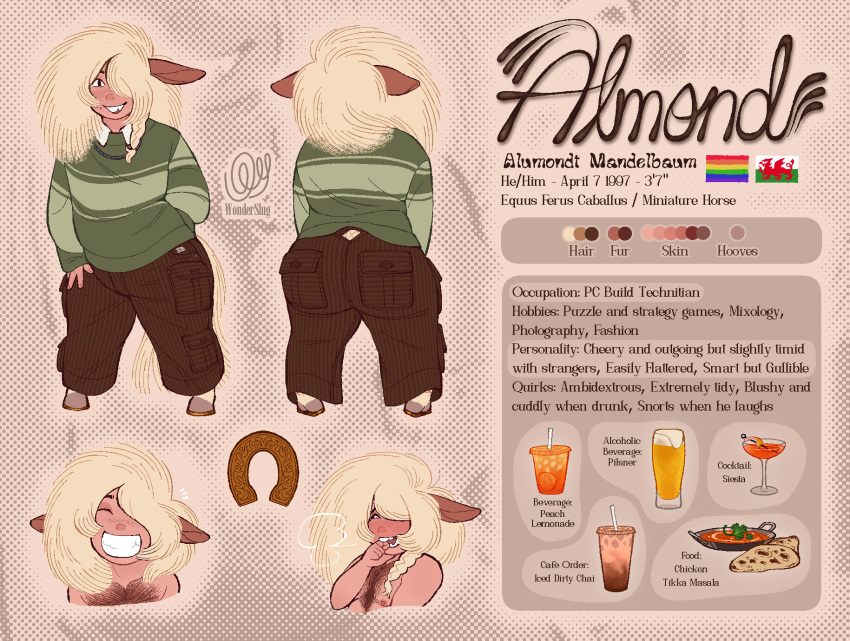 almond_(wonderslug) animal_humanoid blonde_hair braided_hair brown_body brown_fur closed_eyes english_text equid equid_humanoid equine equine_humanoid fur grin hair hair_over_eye half-closed_eyes hi_res hooves horse horse_humanoid humanoid khakis long_sleeve_shirt mammal mammal_humanoid miniature_horse model_sheet narrowed_eyes open_mouth open_smile smile teapot_(body_type) text wonderslug