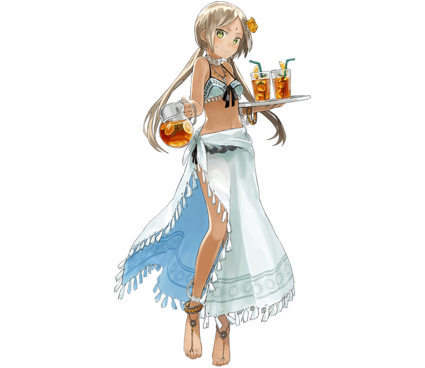 anklet barefoot barefoot_sandals_(jewelry) bikini black_tea blonde_hair bracelet closed_mouth cup dark-skinned_female dark_skin drink drinking_glass drinking_straw female flower food fruit green_eyes hair_flower hair_ornament highres holding holding_tray jewelry lemon looking_at_viewer navel necklace official_alternate_costume official_art parashu phantom_of_the_kill rose sarong simple_background solo straight-on sweatdrop swimsuit tea transparent_background tray twintails watarubou white_background yellow_flower yellow_rose