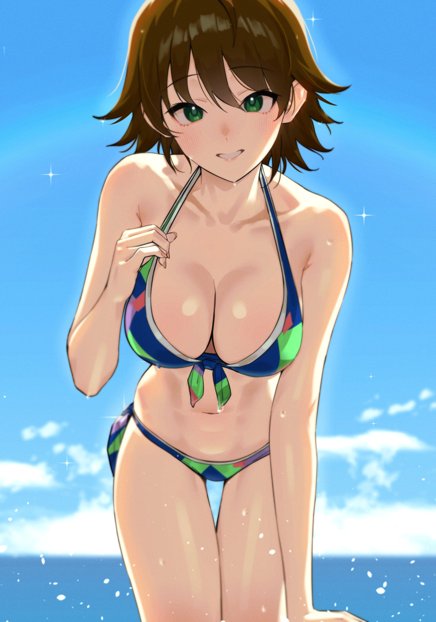 24riside absurdres awakened_miki bikini blush breasts brown_hair cleavage collarbone commentary_request female green_eyes highres hoshii_miki idolmaster large_breasts looking_at_viewer multicolored_bikini multicolored_clothes navel smile solo swimsuit thigh_gap thighhighs