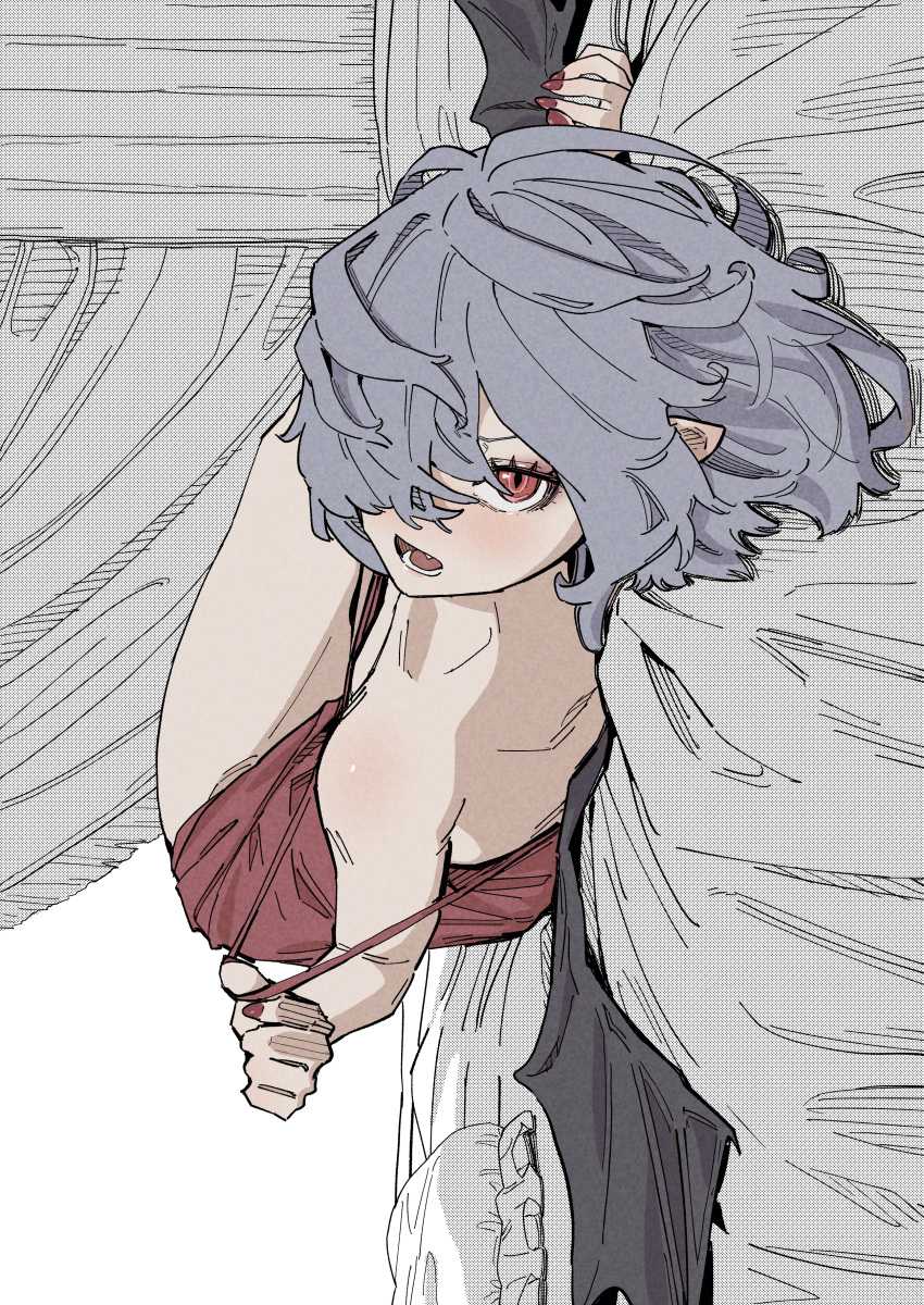 absurdres bare_legs bare_shoulders bat_wings bed_sheet blue_hair blush collarbone female hair_over_one_eye highres kawayabug lying nightgown off_shoulder on_bed on_side open_mouth pillow pointy_ears red_eyes red_nails red_nightgown remilia_scarlet short_hair thighs touhou vampire wings